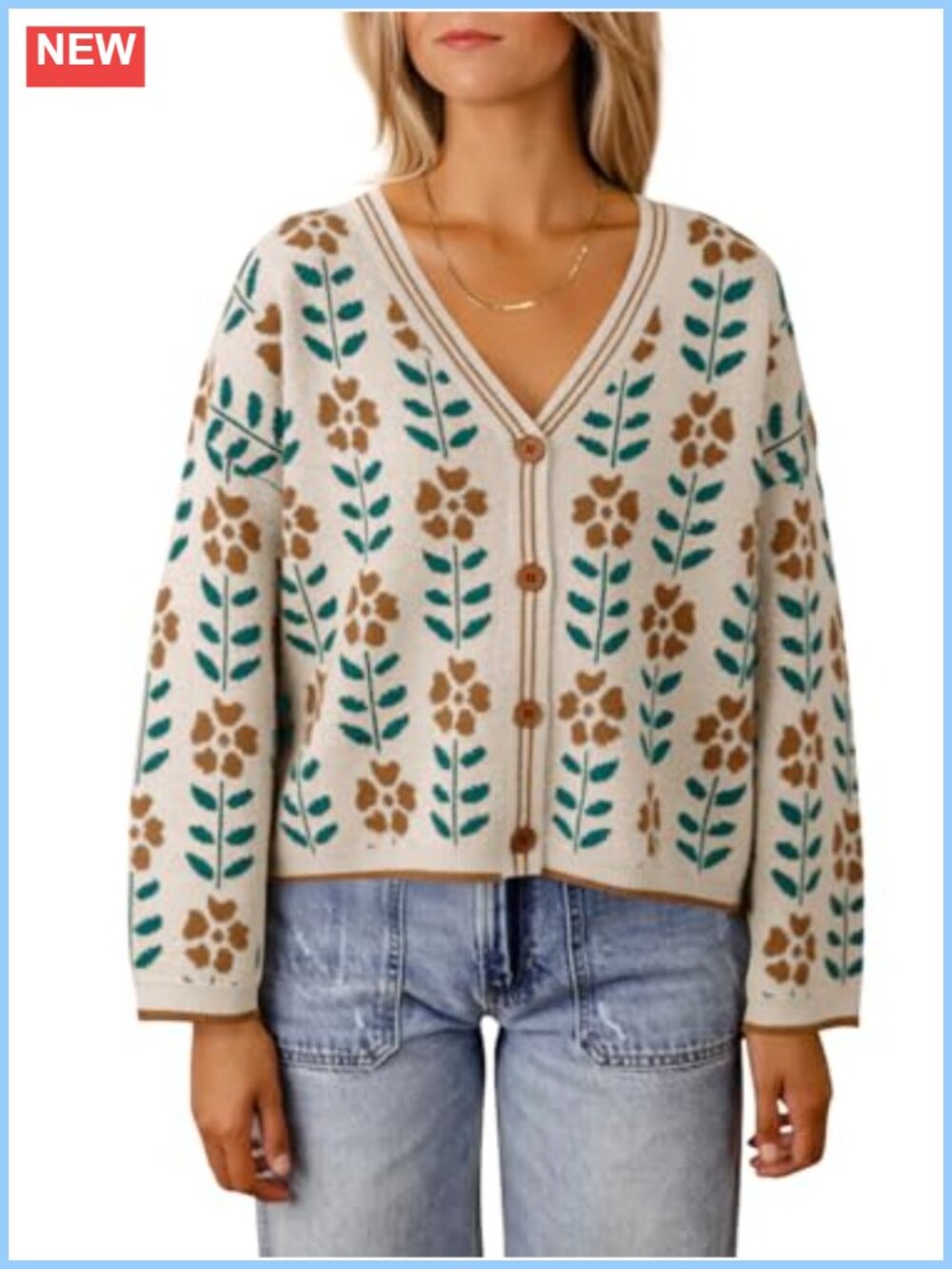 Womens Floral Print V Neck Cardigan Open Front Button Down Knit Sweater Long